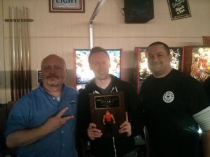 Wrestlemania launch tournament winners (L to R): Bruce Nightingale, second place; Nick Lane, first place; Jeff Wirth, third place.